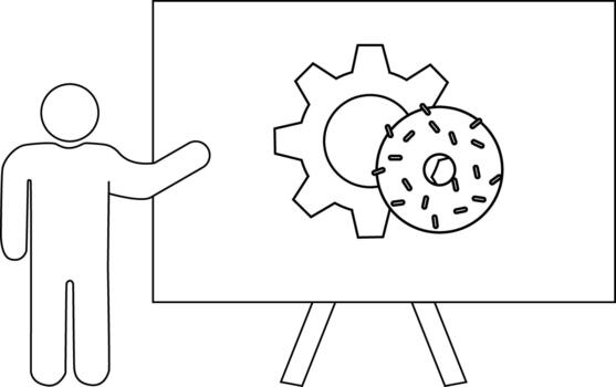 dibujo de persona gesticulando a pizarron con engranajes y rosquilla en caballete vector