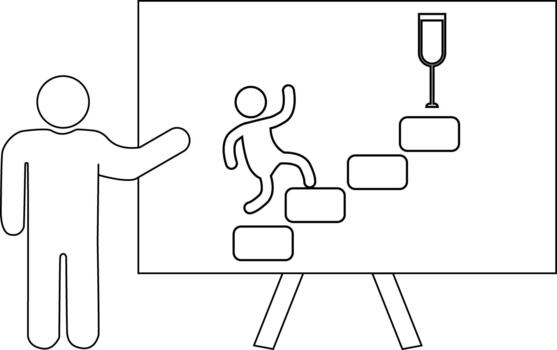 An outline depiction of a presenter standing by a chart showing a figure ascending steps toward a trophy vector