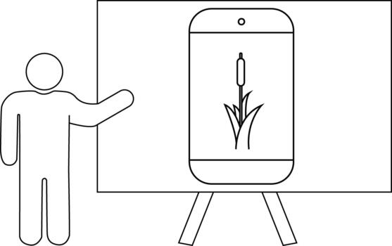 contorno imagen persona gesticulando hacia planta en teléfono monitor en un caballete vector