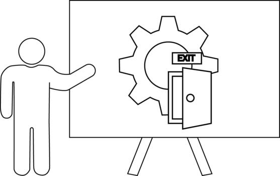un presentación tablero muestra un engranaje un puerta y el palabra salida con un persona presentación vector