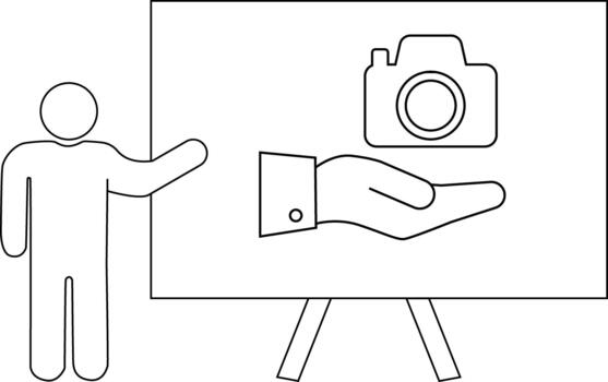 Presentation of a camera icon supported by a hand by a stick figure presenter vector