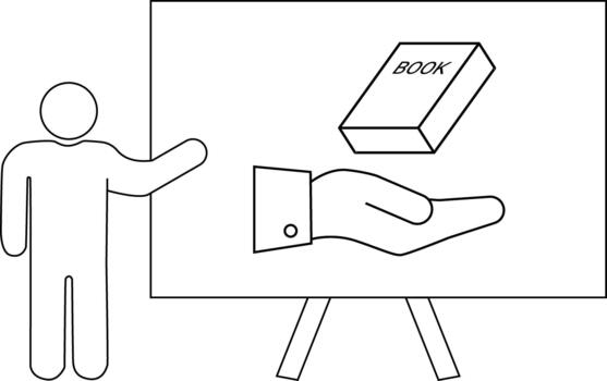 un presentador gesticulando a un pizarron con un flotante libro encima un mano todas en contorno vector