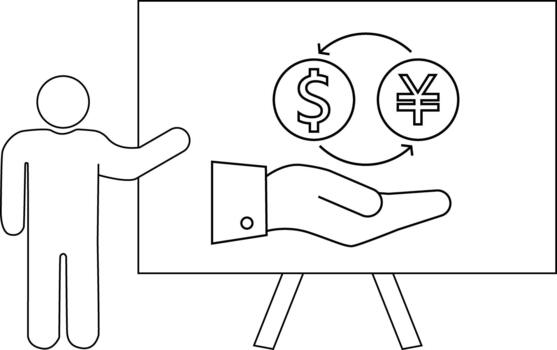un presentador puntos a un tablero con un mano participación Dólar estadounidense y Guay moneda símbolos con un conversión flecha vector