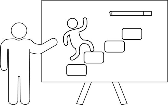 A person presents a chart illustrating steps to a horizontal bar progress indicator on a tripodsupported board vector