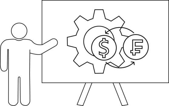 Presentation person gestures to whiteboard displaying a gear interlocked with dollar and franc currency symbols with exchange arrows vector