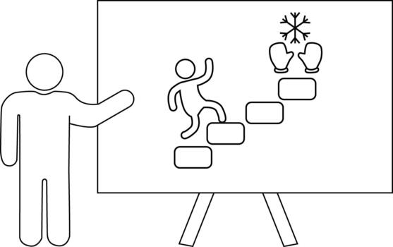 un presentador soportes junto a un tablero demostración un figura alpinismo pasos hacia mitones y un copo de nieve vector