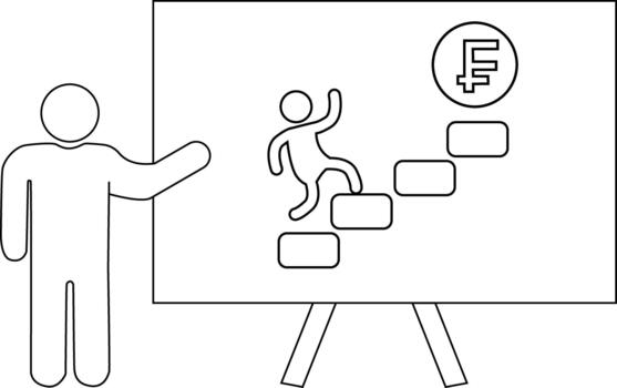 palo figura presentador señalando a un gráfico demostración un figura alpinismo hacia un moneda símbolo vector