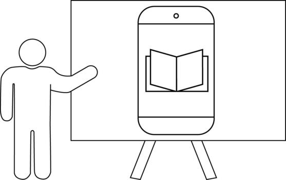 figura señalando a un teléfono en un estar mostrando un abierto libro icono vector