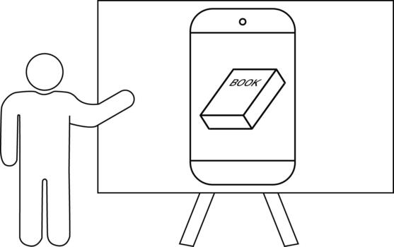 contorno figura gesticulando a pizarron con Teléfono móvil demostración libro vector