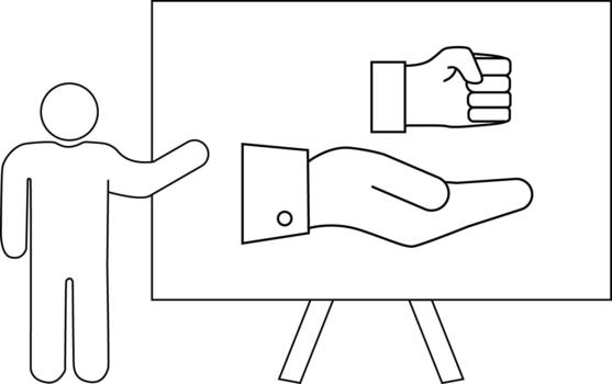 línea Arte muestra un figura gesticulando a un tablero con un puño y abierto mano dibujo vector