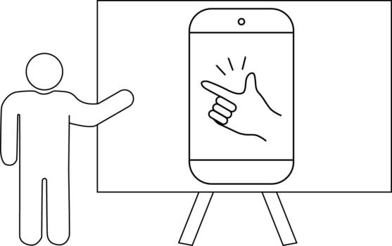 un persona soportes cerca un presentación tablero mostrando un teléfono inteligente con un señalando mano gesto vector