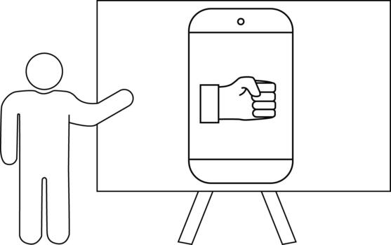 Figure gesturing to mobile screen with a hand symbol on a stand vector