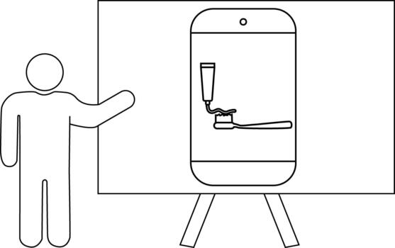 un simplificado figura gestos hacia un pizarron mostrando un teléfono inteligente con un cepillo de dientes y pasta dental imagen vector
