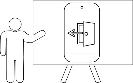 Line art shows a person presenting a whiteboard with a smartphone displaying a logout icon vector