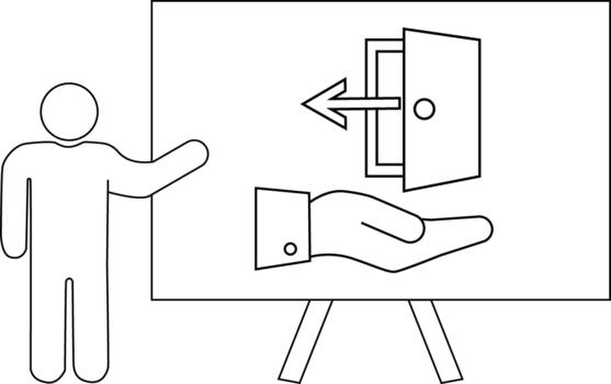 hombre presentación un tablero con un mano demostración un salida puerta con un flecha vector