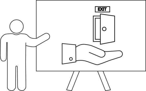 Outline image of a person gesturing to a board depicting a hand offering an open door labeled Exit vector