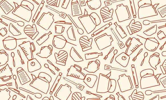 A hand-drawn line art pattern featuring various kitchen utensils in red lines on a soft beige background, suitable for culinary branding, packaging, wallpapers, textiles, and creative design projects vector