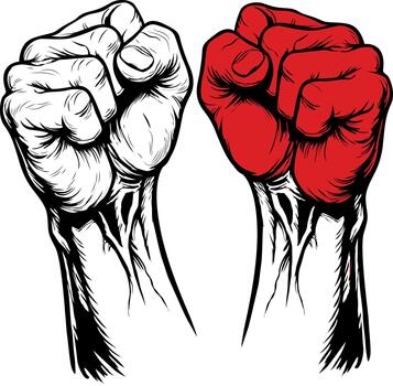 Raised fists symbolizing unity, resistance, power, and protest, illustration isolated on a white background vector
