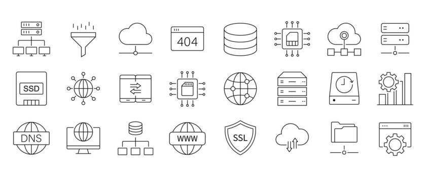 Web hosting line icon set. Containing internet, cloud computing, server, database, SSL, FTP, domain, data hosting, website and more. Editable line icons. vector