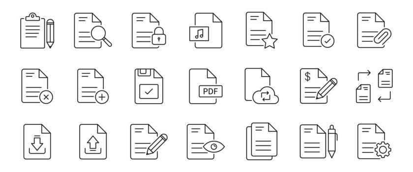 documento y archivo línea icono colocar. conjunto de documento archivo, carpeta, forma, hoja, informe, registro, adjunto, factura, Lista de Verificación y más. vector