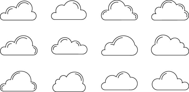 un versátil colección de minimalista contorno nube iconos, Perfecto para clima pronósticos, digital diseño, o web interfaces, representando varios cielo condiciones en un moderno estilo vector