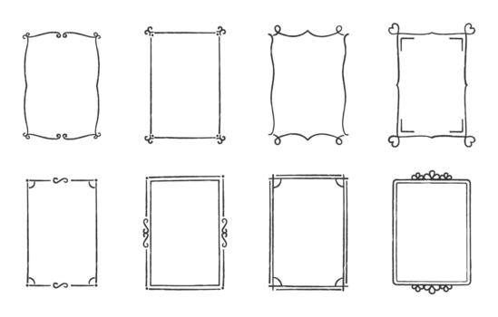 colección de ocho mano dibujado rectangular marcos con varios ornamental rincones y decorativo frontera diseños vector