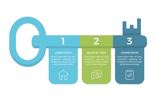 negocio infografía demostración llave a éxito concepto con Tres numerado vistoso secciones vector