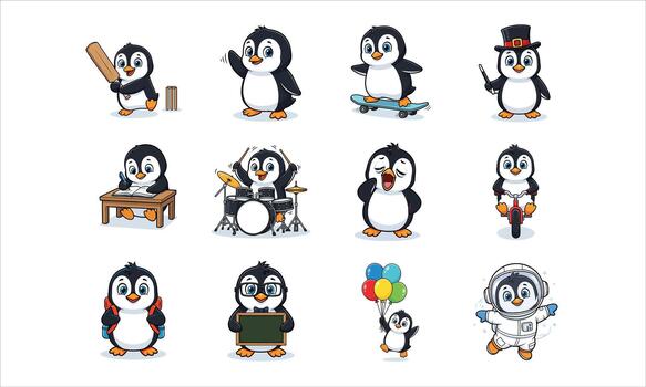 Penguin characters set with various poses vector