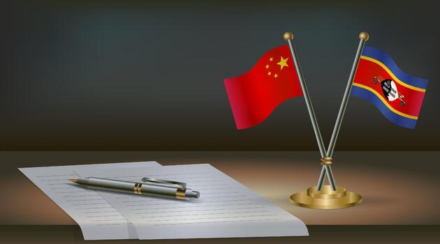 China and Swaziland flags on table in office. International relations on a dark gradient color background. vector