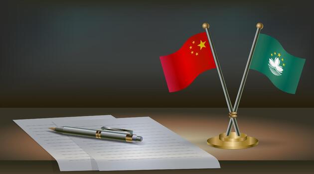 China and Macao flags on table in office. International relations on a dark gradient color background. vector