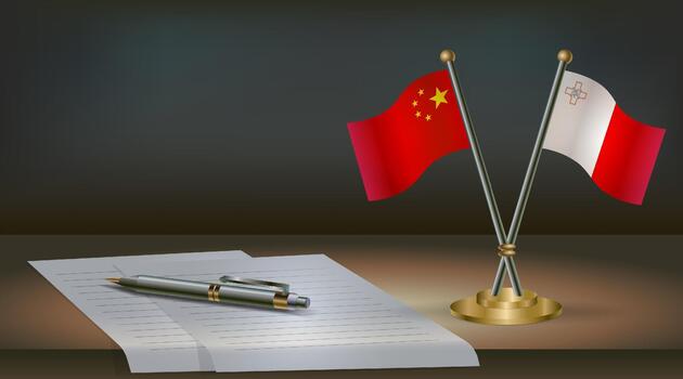 China and Malta flags on table in office. International relations on a dark gradient color background. vector