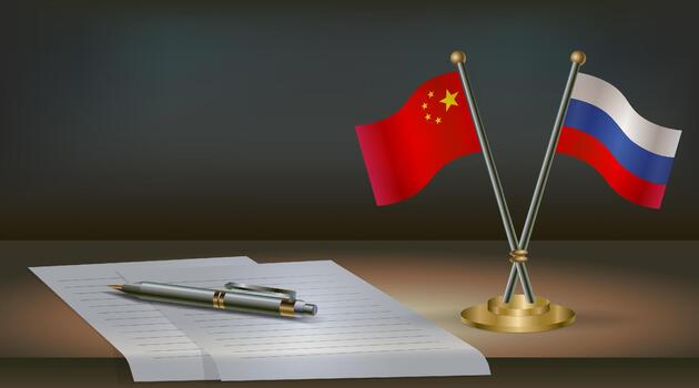 China and Russian flags on table in office. International relations on a dark gradient color background. vector