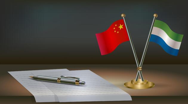 China and Sierra Leone flags on table in office. International relations on a dark gradient color background. vector