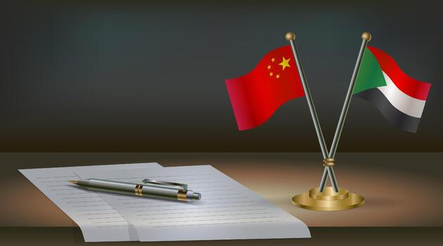 China and Sudan flags on table in office. International relations on a dark gradient color background. vector