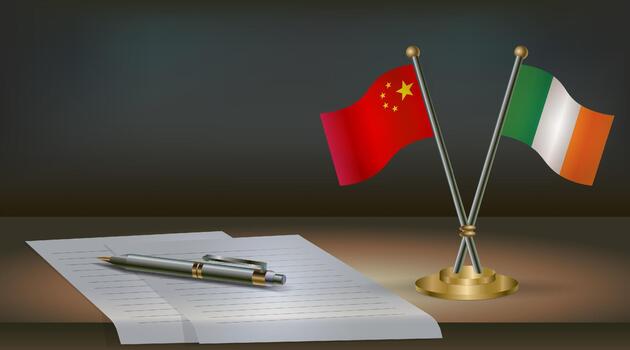 China and Ireland flags on table in office. International relations on a dark gradient color background. vector