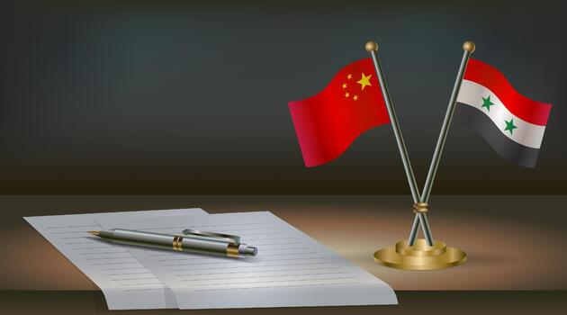 China and Syria flags on table in office. International relations on a dark gradient color background. vector