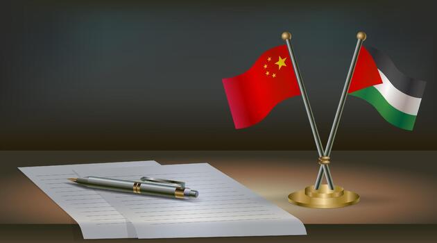 China and Palestine flags on table in office. International relations on a dark gradient color background. vector