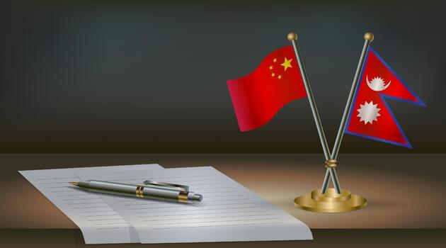 China and Nepal flags on table in office. International relations on a dark gradient color background. vector