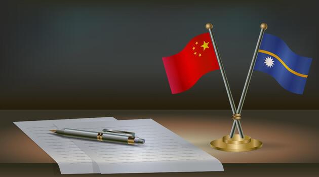 China and Nauru flags on table in office. International relations on a dark gradient color background. vector