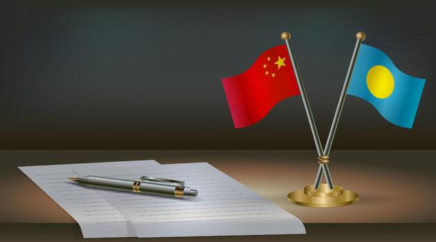 China and Palau flags on table in office. International relations on a dark gradient color background. vector