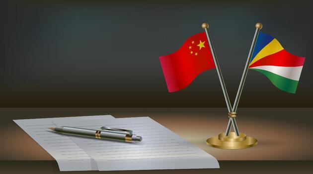 China and Seychelles flags on table in office. International relations on a dark gradient color background. vector
