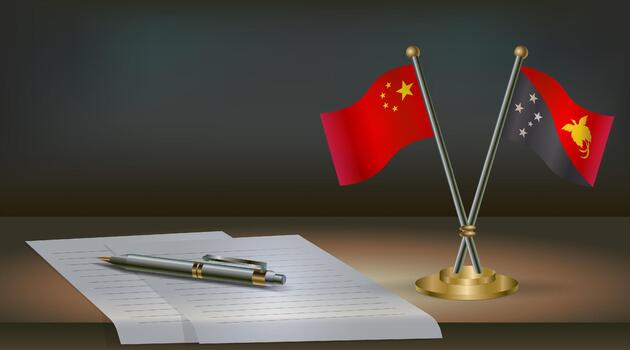 China and Papua New Guinea flags on table in office. International relations on a dark gradient color background. vector