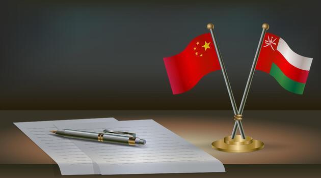 China and Oman flags on table in office. International relations on a dark gradient color background. vector