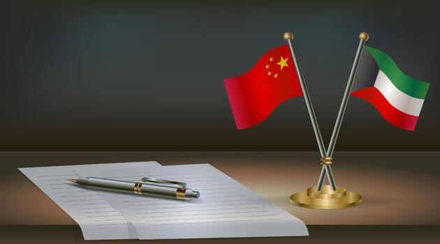 China and Kuwait flags on table in office. International relations on a dark gradient color background. vector