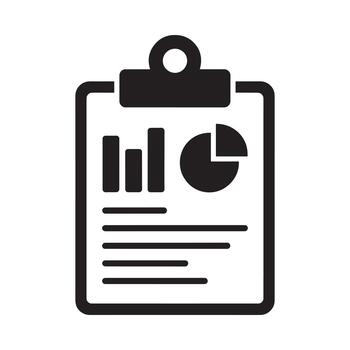 un negro portapapeles mostrando datos cartas y gráficos en un sencillo icono vector