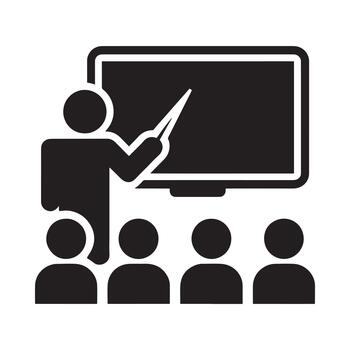 un profesor instruyendo un clase con estudiantes sentado en frente de un tablero vector