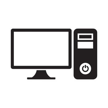 Simple desktop computer setup with monitor and tower black and white icon vector