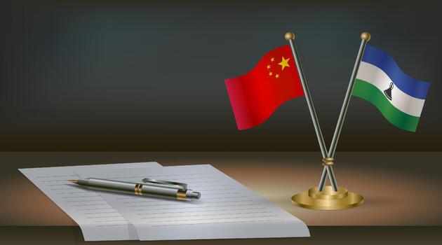 China and Lesotho flags on table in office. International relations on a dark gradient color background. vector