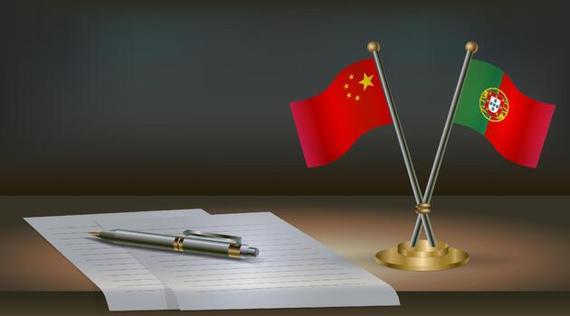 China and Portugal flags on table in office. International relations on a dark gradient color background. vector