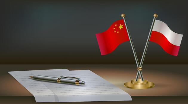 China and Poland flags on table in office. International relations on a dark gradient color background. vector